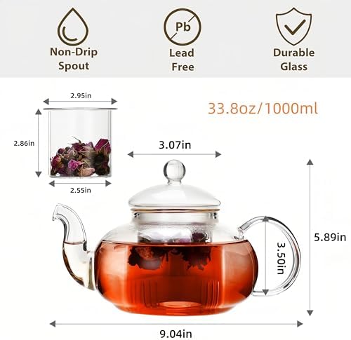 CnGlass 33.8oz Glass Teapot with Removable Infuser,Stovetop Safe Tea Kettle with Glass Tea Warmer 5.3 in/13.5cm Diameter - Image 2