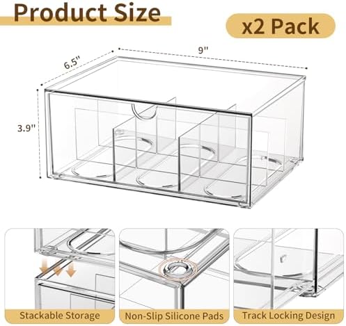 2 Pack Clear Tea Bag Organizer, Stackable Drawer Organizer with Dividers for Pantry Bathroom Vanity Kitchen - Cabinet Countertop Shelf Plastic Storage Bins for Coffee/Makeup/Cosmetic/Crafts/Jewelry - Image 2