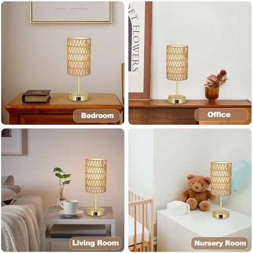 Gold Bedside Lamps Set of 2, Touch Control Night Stand Lamp for Bedroom with Rattan & Linen Shade & Bulbs, 3 Way Dimmable Small Boho Table Lamps with USB Charging Port & Phone Stand - Image 7