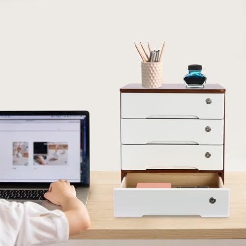 4-Tier Desktop Storage Box with Lockable Drawer, Wooden Desk Organizer for Office Supplies, Flat File Cabinet, Minimalist Design for Home & Office Use(Walnut+White) - Image 2
