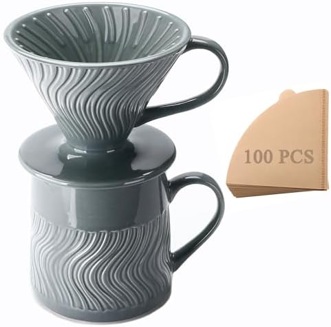 Pour Over Coffee Maker with 100 Sheets of Paper Filter, 15 oz Ceramic Coffee Mug & Coffee Dripper, 1 Cup-Single brew coffee set, Grey by Polydremio