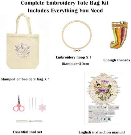 Vigdit Canvas Tote Bag Embroidery Kit for Beginners, Needlepoint Cross Stitch Kit for Adult Beginner, DIY Reusable Grocery Bags Embroidery Starter Kit with Stamped Floral Tools & Instructions - Image 2