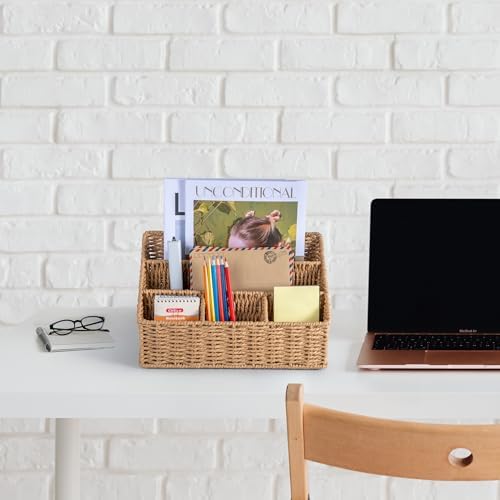 DINGTAI Rattan Desk Organizer, Tabletop Mail Holder, 5 Slot Mail Organizer Countertop Basket, Rattan Office Supplies, Boho Office Desk Accessories, Wicker Desk Organizer, Magazine Holder（Wicker） - Image 6