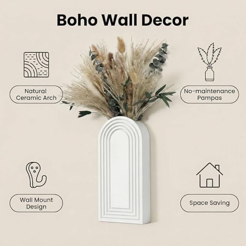 Set of 2 Wooden Wall Vases with Dried Pampas Grass & Eucalyptus, Boho Farmhouse Decor for Living Room, Entryway, Bathroom, Rustic Home Art(White) - Image 2