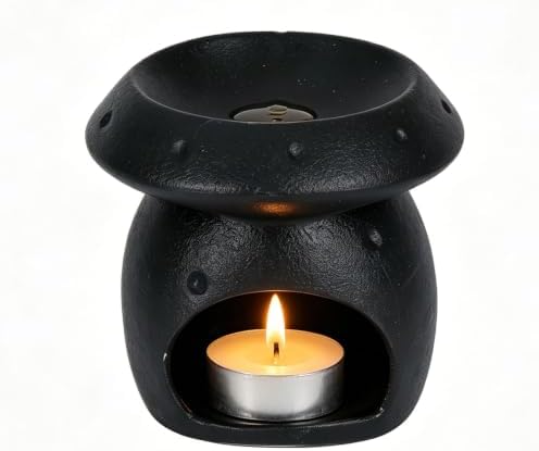 Ceramic Essential Oil Burner, Mushroom Shaped Wax Melt Burner with Tealight Candle Holder, Black Scented Oil Warmer for Fragrance Wax Melts, Home Bedroom Bathroom Decor, 4.6 x 4.2 in by Unknown