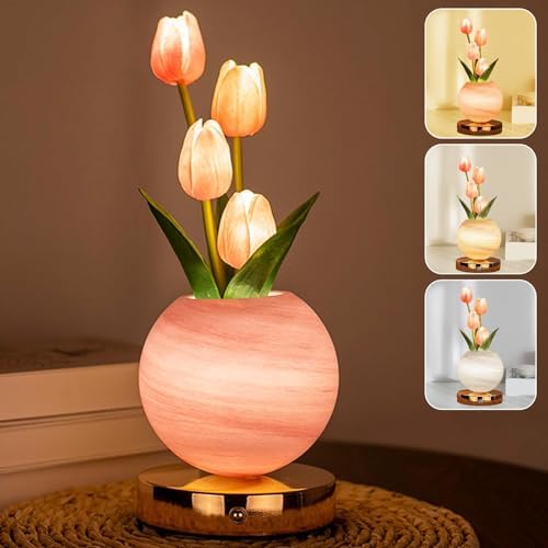 Tulip Table Lamp, Rechargeable Cordless Touch Dimming Artificial Tulip Flower Desk Lamp, LED Flower Bedside Night Light Romantic Gifts for Girl Women Mom (Pink) by Strackvial