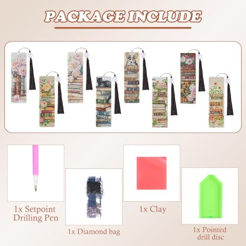 8 Pack Diamond Painting Bookmark of Vintage Floral Book Theme with Tassel - Image 2