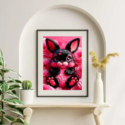 OJTOYART Black Rabbit Diamond Painting Kits for Adults, Pink Flowers 5D Diamond Art Kits for Beginner,DIY Round Full Drill Diamond Dots Craft Kits for Home Wall Decor 12 x 16 ihch - Image 2