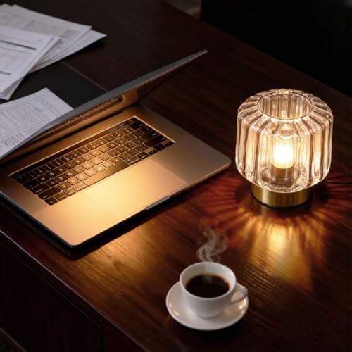 Mid Century Modern Table lamp Small Table Lamps with Touch Switch Amber Glass Table lamp Gold Desk lamp nightstand lamp Bedside Table Lamps for Bedroom Living Room Office - Image 3