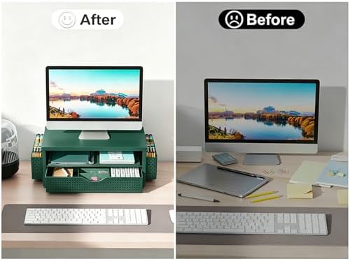 gianotter Desk Organizers and Accessories, Monitor Stand with Drawer and 2 Pen Holder, Desktop Organizer Suitable for Offices and Dormitories (Green) - Image 6