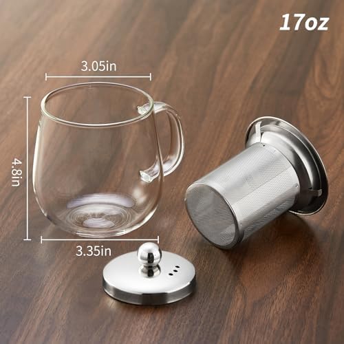 DOPUDO Glass Tea Cup with Infuser and Lid, 17.6oz/520ml Large Borosilicate Glass Teacup with Stailess Steel Filter, Clear Mug for Loose Leaf Blooming Tea, Dishwasher Safe - Tea Maker Gift. - Image 5
