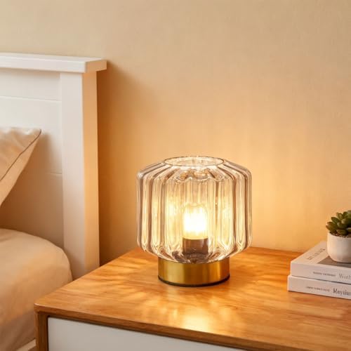 Mid Century Table lamp of 2 Small Table Lamps with Touch Switch Amber Glass Table lamp Gold Desk lamp Modern nightstand lamp Bedside Table Lamps for Bedroom Living Room Office - Image 3