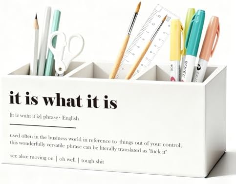 Funny Pen Holder, Funny Pencil Holder for Desk, Office Humor Gifts, Coworkers Gifts for Women Men, It Is What It Is Wooden Box Sign Decorations for Office Workplace Desk Tabletop by Unknown