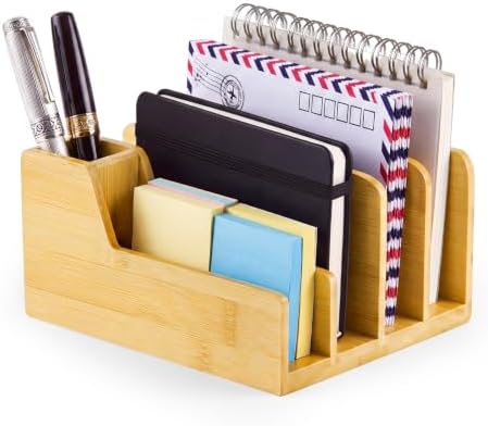 Novabright Bamnoo Wood Mail Organizer with Pen Holder, 5 Slot Desk File Organizer, Wooden Letter Sorter for Desk, Compact Desktop Document Holder for Home Office Storage Back to School by Unknown