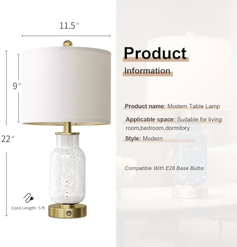 Oneach 22" Glass Table Lamps Set of 2 with Night Light for Bedroom, White - Image 6