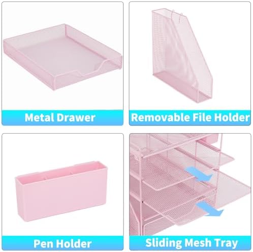 5-Tier Desk File Organizer with Drawer & Pen Holder (Pink) - Image 3