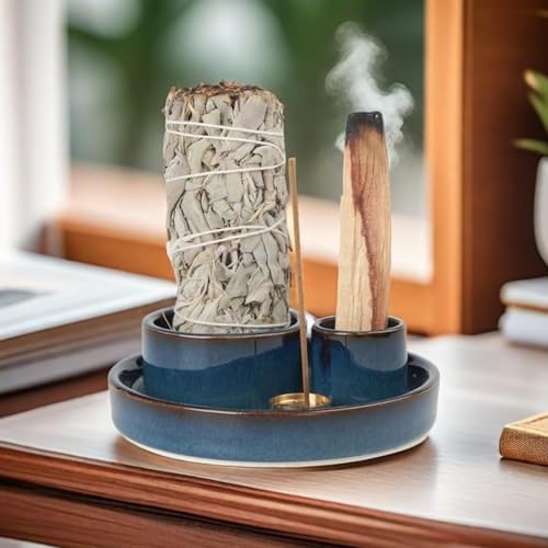 4 in 1 Incense Holder, Ceramic Incense Stick and Palo Santo Holder,Sage Holder for Burning- 4.25" Ceramic Ash Catcher Tray for Meditation and Yoga Room (Blue) - Image 4