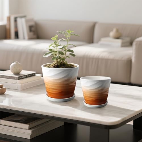 Ceramic Plant Pot, 6.7 + 5.5 Inch, Khaki + White - Image 2