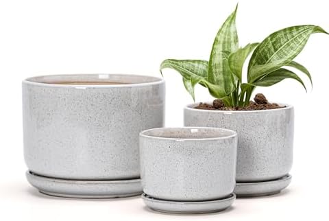 Ceramic Planters,Plant Pots with Saucers Set of 3(Reactive Glaze White) by TonSin