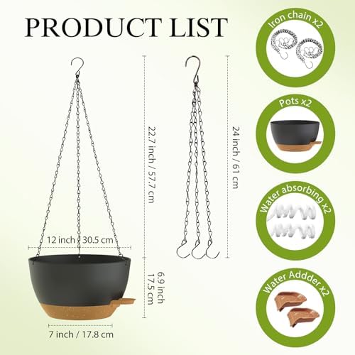 12 Inch Hanging Baskets 2 PC with Chains, Self-Watering Hanging Planters for Indoor Outdoor Plants, Plastic Hanging Flower Pots,Black Brown - Image 2