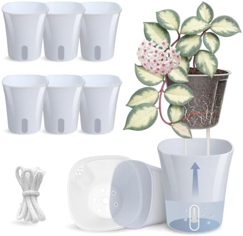 8 Pack 4" Self Watering Pots for Indoor Plants, Clear Inner Cup, Small Blue Grey Plastic Planters, Water Level Indicator, Drainage Holes,Extra 3ft Wick, Cutting,Seedling,Herb,African Violet by Vandorelle