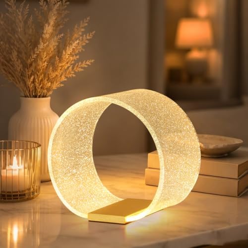 LED Small Table Lamp, Modern Minimalist Round Hollow Acrylic Nightstand Lamp, Warm Plug-in Desk Lamp for Bedroom Living Room Home Decor by Unknown