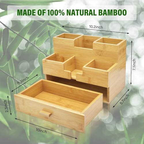 Bamboo Desk Organizer - Countertop Drawers Organizer Tabletop Storage Organization Makeup & Pen Storage with Drawer & Pencil Holder for Office Organization - Image 2