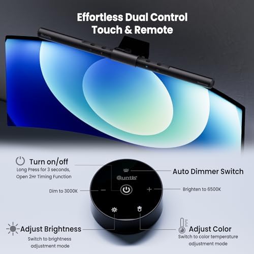 Quntis Computer Monitor Lamp, Screen Monitor Light Bar for Eye Caring, USB Reading LED Task Lamp with Auto-Dimming, Dimmable Light Bar, Touch Control, No Glare Space Saving Home Office Desk Lamps - Image 3