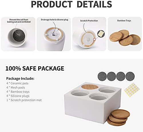 4 Inch Ceramic Plant Pots with Drainage Holes and Trays, Adorable Small Cylinder Flower Planter Pot with Saucers for Indoor Plants, Succulent, Snake Plants, Cactus & Herbs, White, Set of 4 - Image 3