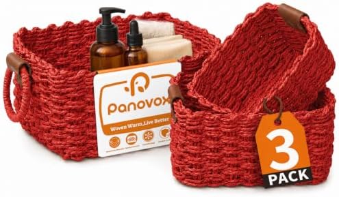 Small Wicker Baskets, 3 PCS Paper Rope Baskets for Shelves, Red by Panovox