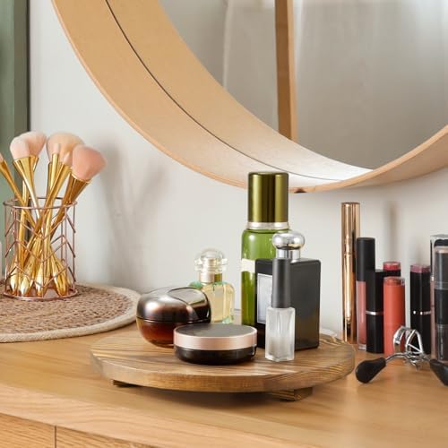 Round Decorative Tray Burnt Wood Bathroom Counter Organizer Pedestal Stand Farmhouse Kitchen Decor Wooden Riser for Soap Dish, Perfume, Candle, Sponge, 10" - Brown - Image 3