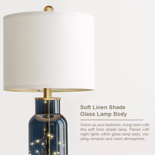 Oneach 22" Glass Table Lamps Set of 2 with LED Nightlight for Bedroom, Blue - Image 5