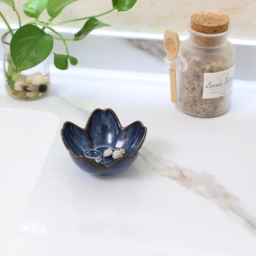 Flower Ring Dish Holder,Jewelry Dish Tray,Small Trinket Tray,Jewelry Plate Bowl,Key Bowl,Decorative Plate,Mothers Day Birthday Gifts for Women Mom Friends,Ceramic Kiln effect Blue - Image 3