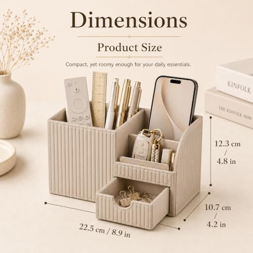 KINGFOM Luxury PU Leather Desk Organizer with Drawer, Modern Aesthetic Office Desk Accessories for Men & Women, Multi-Compartment Pen Holder & Desktop Storage Organizer for Home Office - Image 2