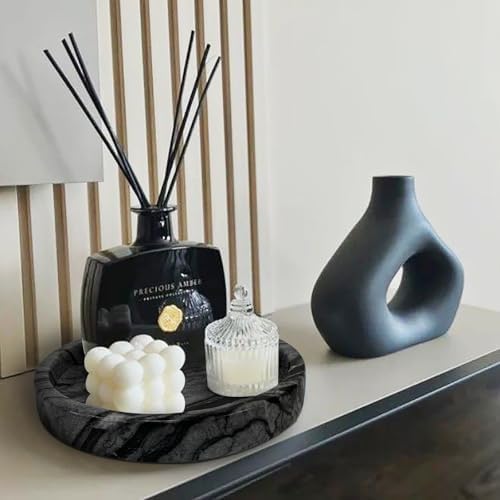 Travertine Tray, Small Ceramic Vanity Tray for Bathroom Counter Decor, Round Marble Decorative Trays for Coffee Table (Grey Black, Small Size) - Image 3