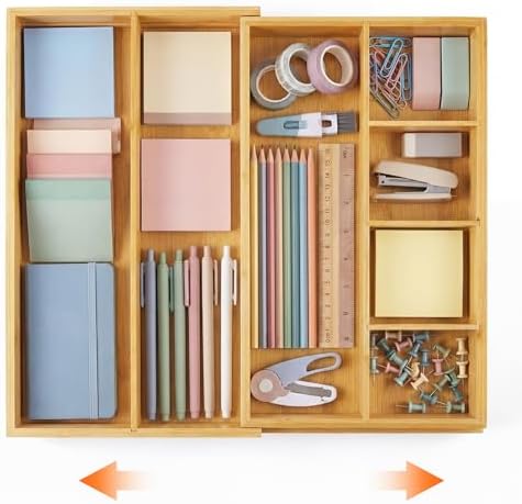 Bamboo Sliding Desk Drawer Organizer 8.2'' up to 16.4'' x 14.4'' x 2.2'' Expandable Office Desk Accessories Supplies Tray with 7 Compartments for Pens, Notebooks, Rulers, and Makeup Jewelry Vanity by Briwooody