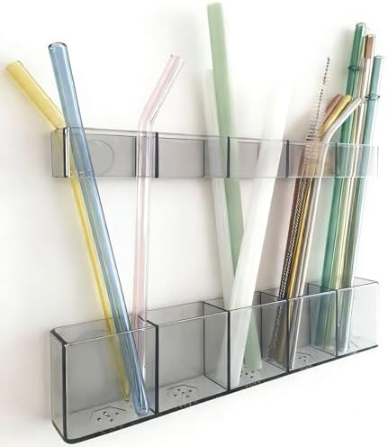 Acrylic Straw Holder for Cabinet Door - Child-Safe Organizer & Dispenser with Smooth Rounded Edges for Kitchen Accessories Storage, Adhesive Circles Included (Dark Transparent) by Unknown