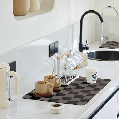 Ohocut Checkered Dish Drying Mat for Kitchen Counter, Coffee Bar Station Accessories, Retro Cute Aesthetic Modern Absorbent Drainer Mat Kitchen Drying Mat Easy Clean Brown, 24" x 16" by Ohocut