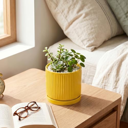 Ceramic Pots for Plants, 4 Inch Plant Pots with Saucer, Yellow - Image 6