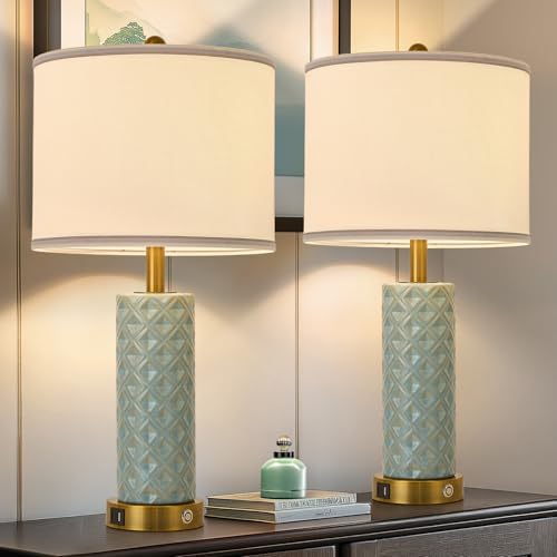 Set of 2 Table Lamp for Living Room Bedroom Farmhouse,26'' Touch Control Bedroom Spa Blue Ceramic Lamps 3-Way Dimmable Bedside Lamps with USB A+C Ports Linen Shade for Home by Illuminatingyoumeandhim