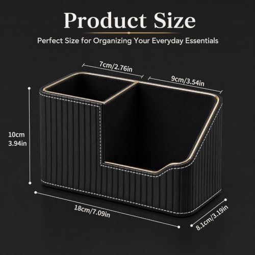 KINGFOM Luxury Black PU Leather Desk Organizer with Gold Trim, Premium Pen Holder for Desk Accessories, Modern Office Supplies Organizer for Home Office Desk Decor - Image 2