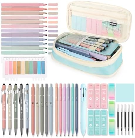 56 PCS Aesthetic School Supplies with Large Pencil Case, 5 Inspirational Ballpoint Pens, 12 Pastel Highlighters, 5 Black Ink Gel Pens, 6 Mechanical Pencils 0.5-0.7mm College Student Essentials (Blue) by Unknown