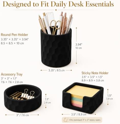 Aesthetic Geometric Silicone Desk Organizer Set of 3,Modern Office Desk Accessories with Round Pen Holder,Paperclip Tray,Sticky Note Holder,Stylish Functional Desk Decor for Home Office(Black) - Image 7