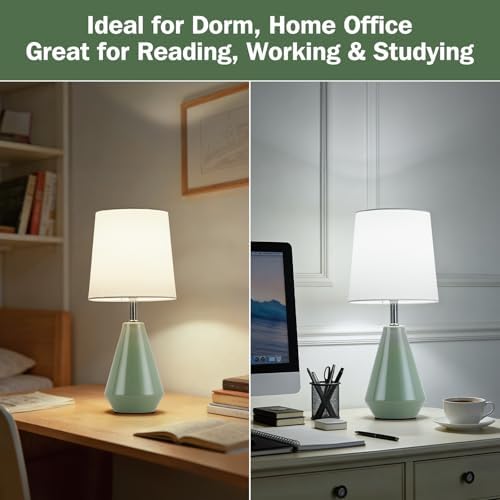Small Bedside Table Lamp for Bedroom - Reading Desk Lamp with 3 Color Temperatures，15.5" Nightstand Ceramic Lamp with Fabric Shade for Kids Room,Living Room,Dorm,Home Office (Green+White) - Image 4