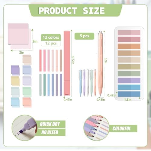 Jutom 39 Pcs Aesthetic Book Annotation Kit Highlighter with Pencil Case Bag Gel Pen Transparent Sticky Note Taking Bible Study College School Supplies (Green,Minimalist Style) - Image 4