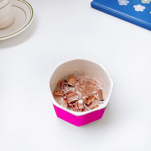 Ceramic Paper Clip Holder Gold Line Paper Clip Dispenser Organizer for Desk Cute Floral Pattern Office Binder Clip Holder Bobby Pin and Hair Clip Holder Gift for Office (Hot Pink) - Image 4