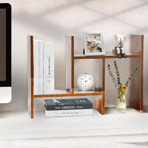BROWN-BROWN Adjustable Wood Desk Shelf Organizer Office Home Multipurpose Desktop Shelf, Display Shelf Rack Top Mini Bookcase, Free Style Display Desktop Organization - Image 2