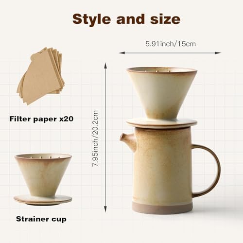 DIF DECO Pour Over Coffee Maker Set Vintage Ceramic Pour Over Coffee Dripper Set with 20 Count Paper Coffee Filters,for Home Café Restaurant Camping,15.8 Ounces(Yellow) - Image 3