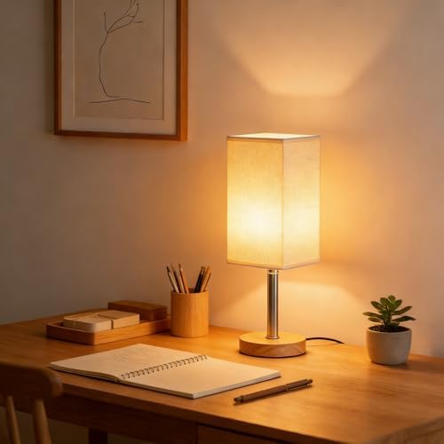 Small Table Lamp for Bedroom, Bedside Lamp with 3000K Warm LED Bulb Included, Nightstand Lamp for Living Room Office Dorm Kids Room, Easy Assemble Minimalist Cream Shade & Wood Base(5W) by Unknown
