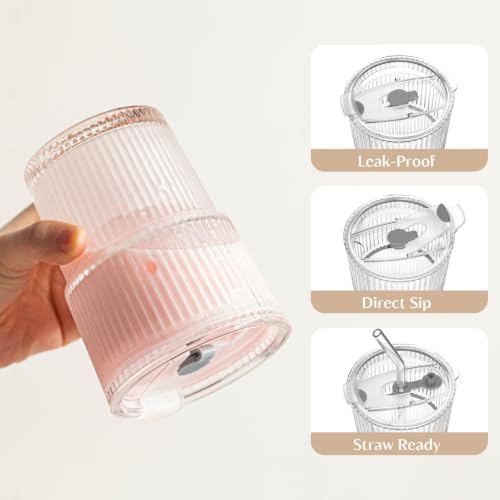 INSETLAN 13oz Glass Tumbler with Lid and Straw 2 Pack - Ribbed Glass Cup Iced Coffee Glasses, Clear Leakproof Tumbler Cup for Smoothies, Iced Latte,Matcha, Cold Drinks - Image 5